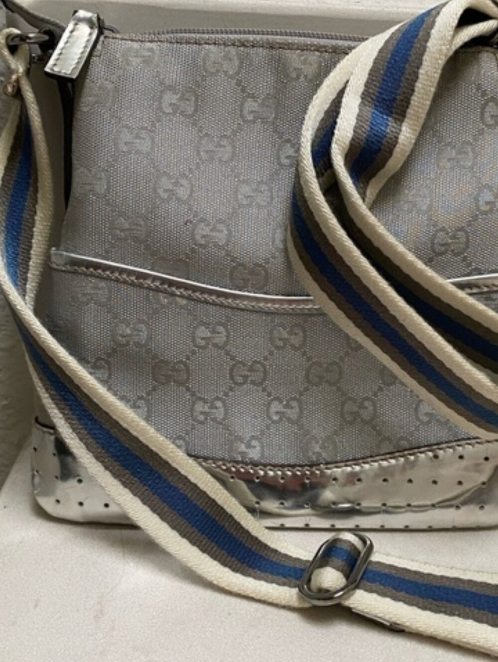 Gucci Silver Monogram Crossbody Bag with Blue and Cream Striped Strap